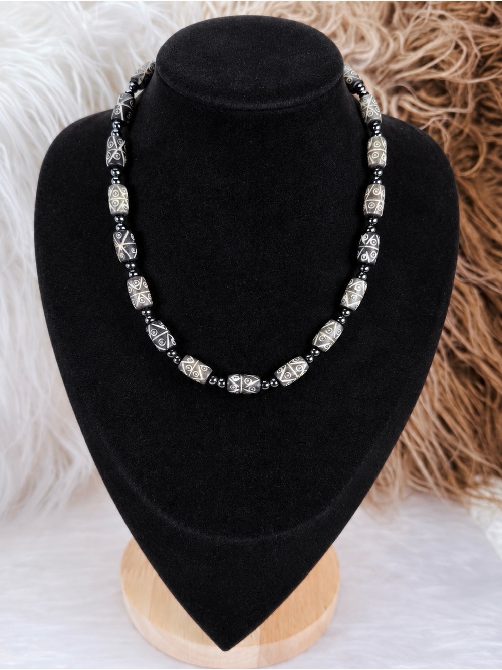 Bohemian chic Black Carved Beaded  Necklace